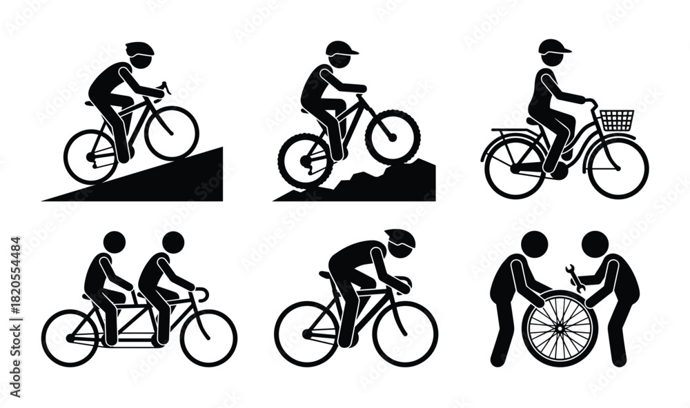 Obraz premium Cyclists engaging in various biking activities including mountain biking, leisure riding, tandem biking, and bicycle repair.