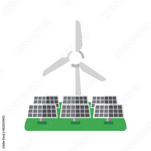 Sustainable energy sources icon: wind turbine, solar panels