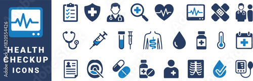 Collection of blue and white medical health checkup icons on dark blue background vector