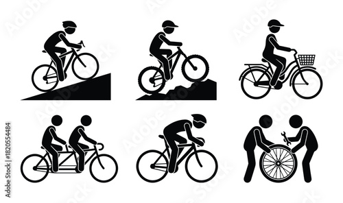 Cyclists engaging in various biking activities including mountain biking, leisure riding, tandem biking, and bicycle repair.