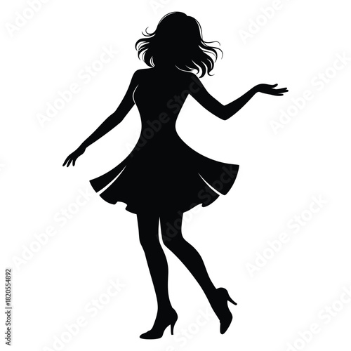 Dynamic black silhouette of a young woman in a short, flowing dress, posing gracefully with an outstretched arm, isolated on