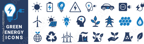 Collection of blue and white icons representing green energy and sustainability concepts renewable power