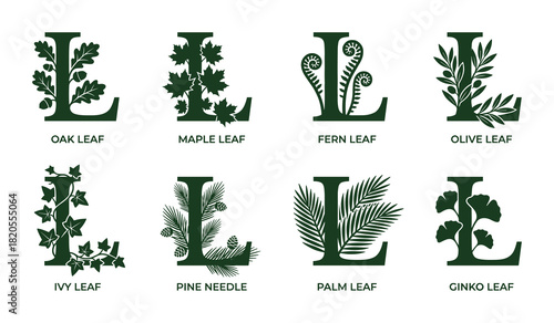 Decorative letter l with oak maple fern olive ivy pine palm ginko leaf designs