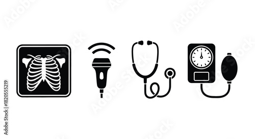 Medical equipment icons x ray ultrasound stethoscope sphygmomanometer
