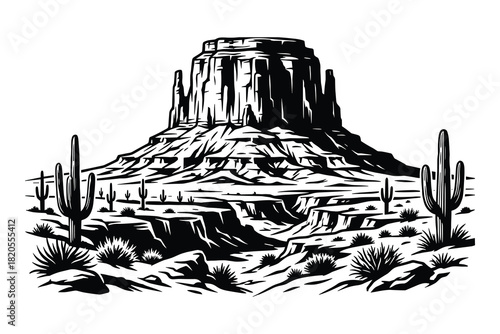 Desert landscape scenery; southwestern usa landmark; dramatic mountain formation and arid flora; monochrome illustration of sandstone