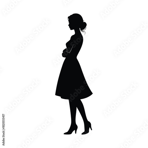 Elegant black silhouette of a woman in a classic dress, standing in profile with graceful posture, isolated on