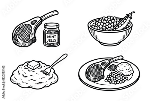 Delicious lamb chops served with mint jelly and side dishes. Mashed potatoes with green peas in a bowl