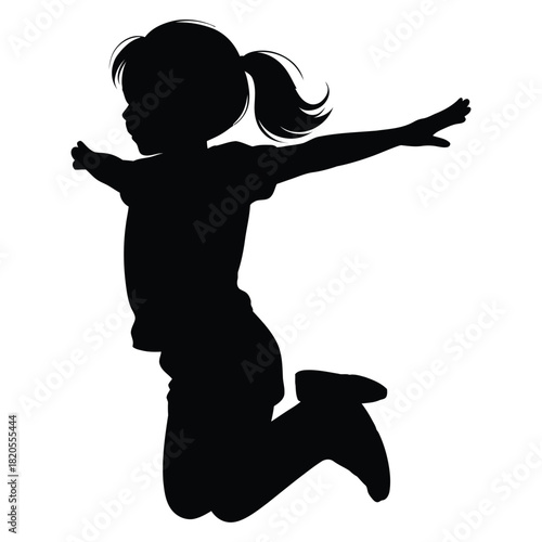 Joyful silhouette of a young girl leaping with enthusiasm, arms spread wide, capturing a moment of pure happiness and freedom, isolated on
