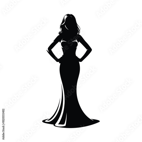 Sophisticated black silhouette of a woman in a beautiful floorlength dress, showcasing a confident stance with hands on her hips, isolated on
