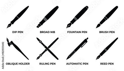Different types of pens collection. Dip, broad nib, fountain, brush, oblique holder, ruling, automatic, reed pen.
