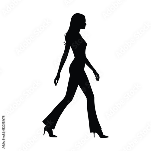 Black silhouette of a confident woman walking in profile, showcasing a graceful stride while wearing pants and high heels, isolated on