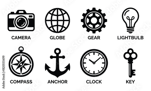 Diverse collection of travel and utility icons. Camera, globe, gear, lightbulb, compass, anchor, clock, key.