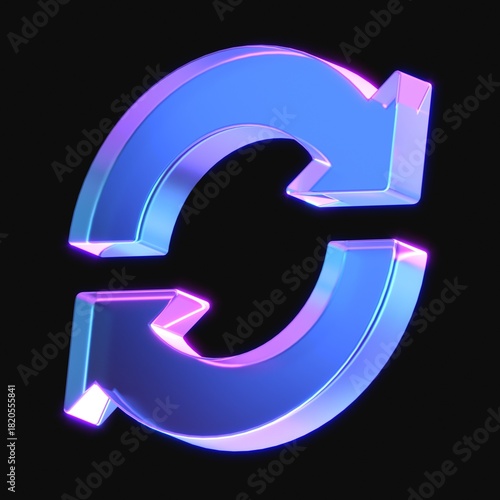 3d rendering of glowing rotate arrows in the dark. 3d icon with neon retro light. 3d illustration with glass gradient material	
