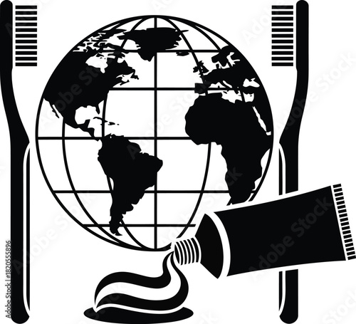 Global oral hygiene dental care world toothbrush toothpaste black white eps silhouette