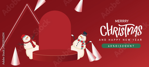 Merry Christmas and happy new year promotion sale banner with santa claus festive decoration and copy space product display cylindrical shape vector file.