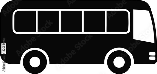 A simple black silhouette illustration depicts a passenger bus with visible windows