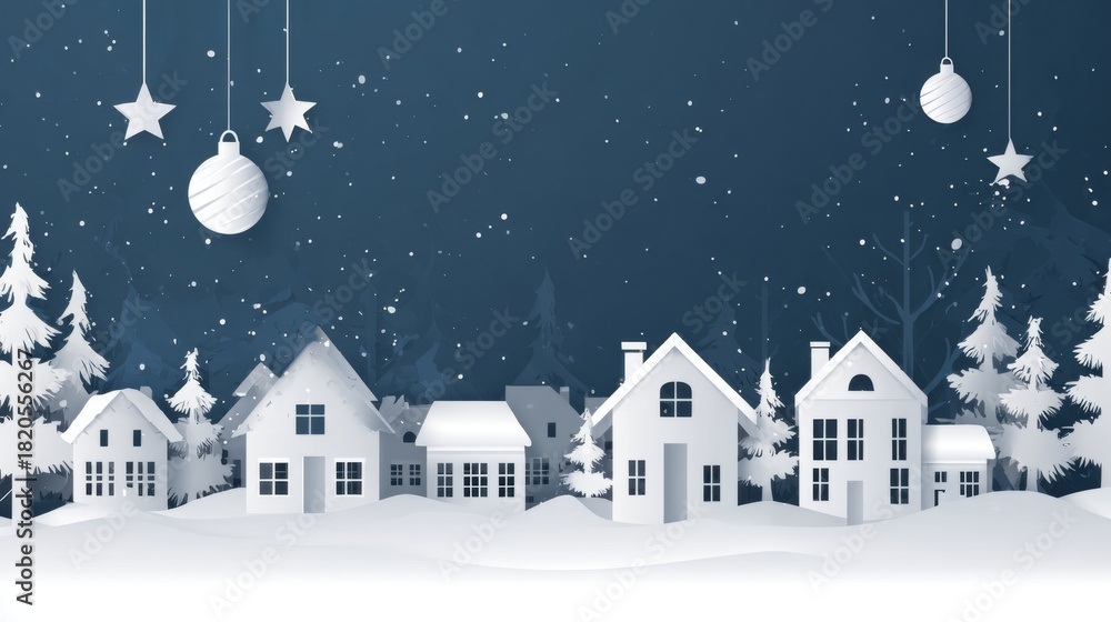 Fototapeta premium Christmas holiday village landscape background in paper cut style with snowy houses
