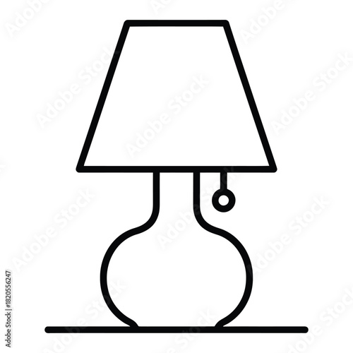 A simple line art illustration of a classic table lamp with a lampshade and a pull chain switch, representing home lighting and interior decor