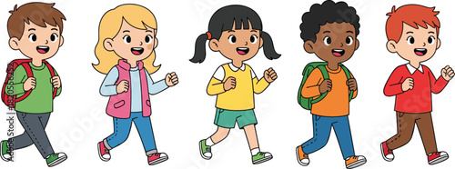 Cartoon children walking with backpacks, diverse school kids vector, happy student group illustration, education concept art, flat vector illustration