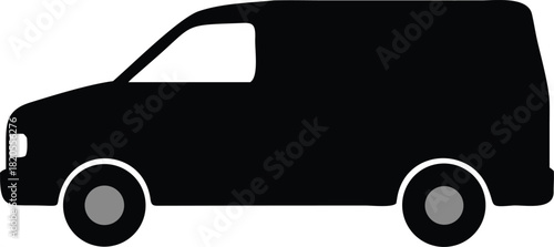 A simple black silhouette depicts a classic van with rounded features and wheels