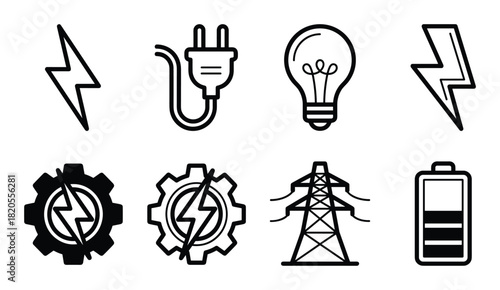 Electrical energy icons; lightning bolts, light bulb, power plug, battery, and power tower symbols.