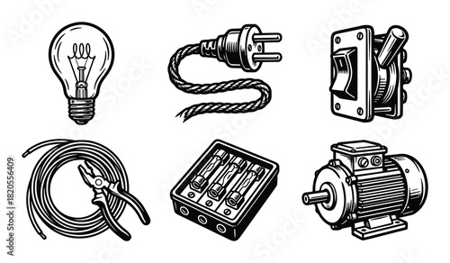 Electrical equipment set, light bulb, electric plug, switch, electric cable, fuses, electric motor isolated