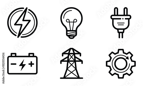 Electrical power icons; lightning, light bulb, plug, battery, power tower, and gear symbols.
