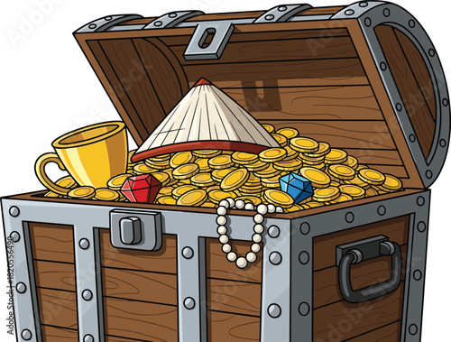Cartoon treasure chest full of gold, gems, pearls, fan and cup, pirate loot icon, fantasy wealth, flat vector illustration