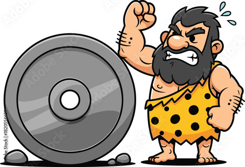 Cartoon caveman with stone wheel, prehistoric invention concept, angry character pose, ancient technology icon, primitive era scene, flat vector illustration