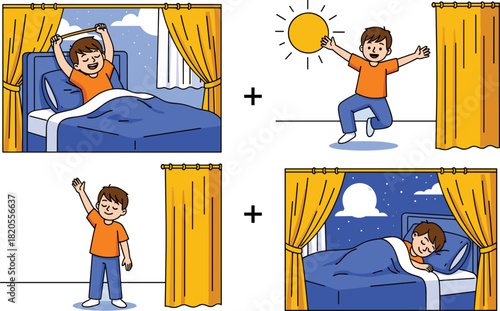Cartoon boy daily routine sequence, morning to night activities, sleep and wake cycle illustration, cheerful child moments, flat vector illustration