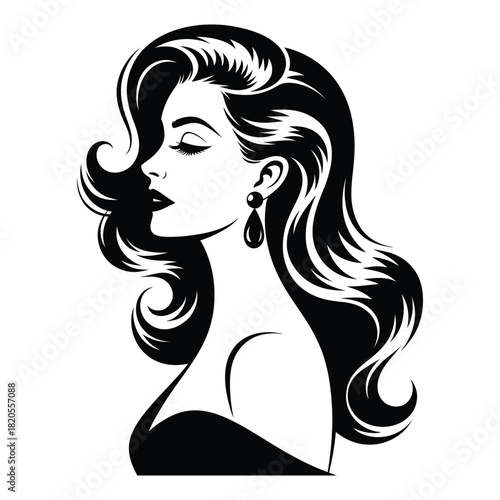 Classic black and white illustration of a beautiful womans profile, with long, wavy hair and an elegant earring, embodying timeless beauty and sophistication