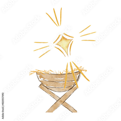 Manger with warm brown wood and golden straw and a glowing Christmas star. A hand-painted watercolor illustration isolated on white, ideal for Christmas, nativity scenes, books, crafts, seasonal decor