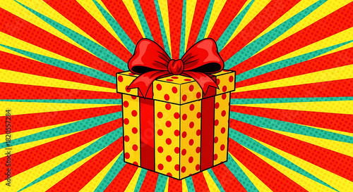 Gift Box with Red Bow on Pop Art Background present