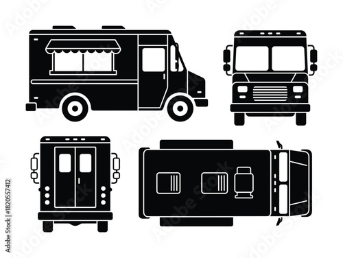 Food truck silhouette icons, black truck, restaurant food truck, mobile catering vehicle, street food design.