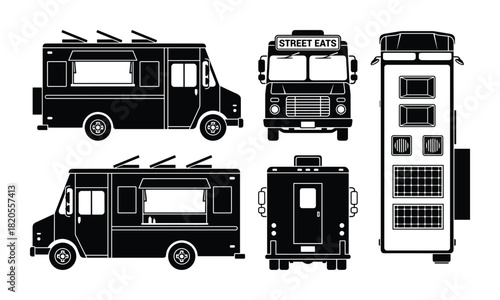 Food truck silhouettes, street eats, mobile kitchen, catering trucks, various angles, urban cuisine.