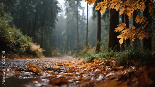 cinematic rainy autumn forest path, golden maple leaves covering the ground