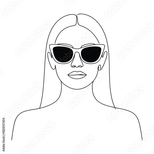 Outline drawing of a woman with long hair wearing stylish cateye sunglasses, her lips slightly parted, isolated on