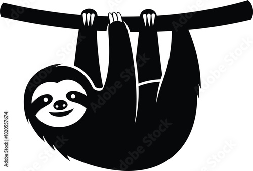 Cute sloth hanging on a branch vector illustration black and white art eps silhouette