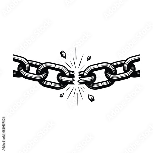 Illustration of a heavy metal chain snapping in the middle, representing liberation, crisis, or a broken bond, isolated on