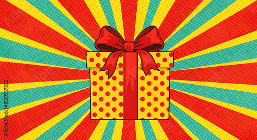 Yellow Gift Box with Red Polka Dots and Bow on Sunburst Background