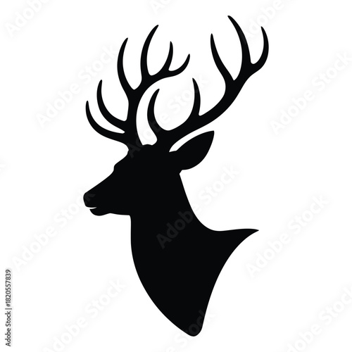 Elegant black silhouette of a stags head with impressive antlers, symbolizing strength and wilderness, isolated on