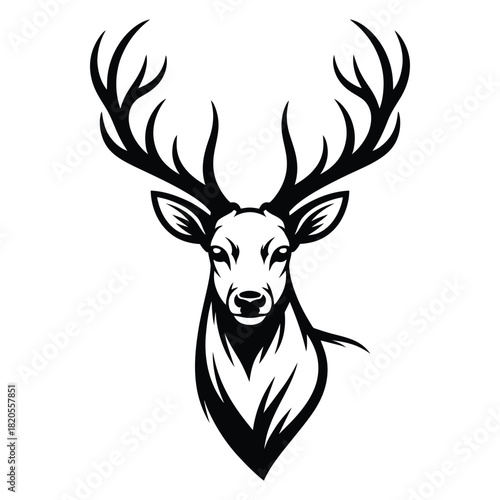 Majestic stag or deer head with large antlers, depicted in a striking black and white illustration, showcasing its powerful and elegant presence, isolated on