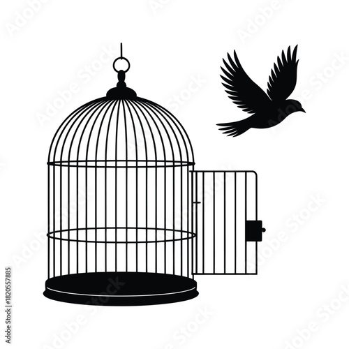 A silhouette illustration of a bird escaping from an open birdcage, symbolizing freedom, release, and new beginnings, isolated on