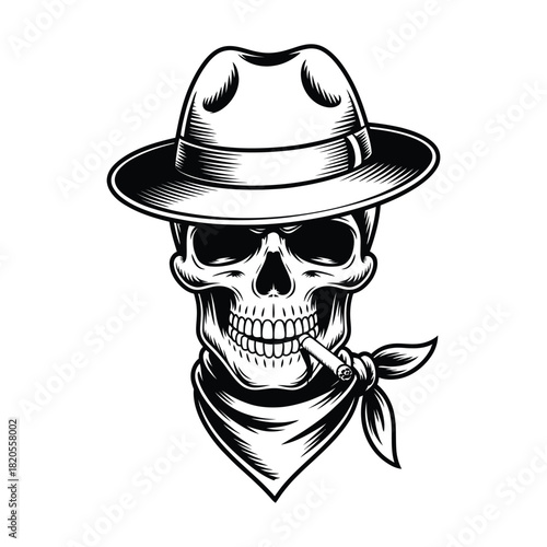 A detailed black and white illustration of a skull wearing a stylish fedora hat and a bandana, smoking a cigarette, isolated on