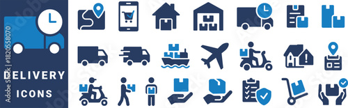 Collection of blue delivery service icons on dark blue background logistics shipping