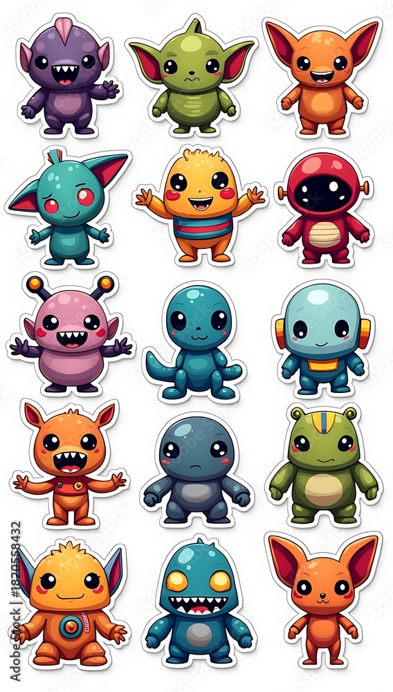 Obraz premium Set of cute space creature sticker vector, lovely alien doodle pattern in different shapes and moods, adorable funny sci-fi characters hand-drawn for T-shirts, stickers, prints, toy stores.