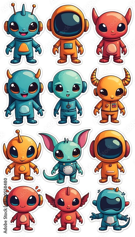 Obraz premium Set of cute space creature sticker vector, lovely alien doodle pattern in different shapes and moods, adorable funny sci-fi characters hand-drawn for T-shirts, stickers, prints, toy stores.