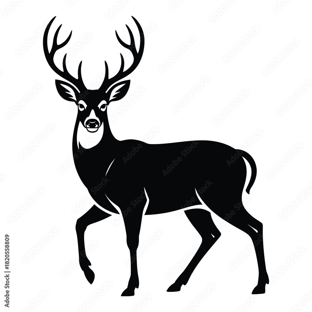 Obraz premium A striking black silhouette of a majestic male deer, often referred to as a stag, showcasing its impressive antlers while standing in a graceful pose, isolated on