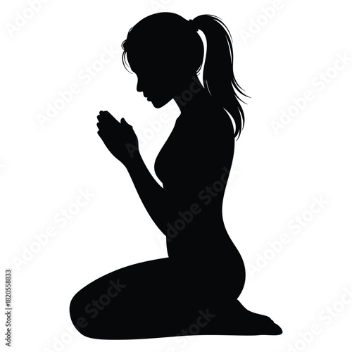 Silhouette of a woman kneeling in prayer, hands clasped in devotion and contemplation, symbolizing faith and spirituality, isolated on