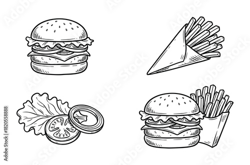 Hand drawn fast food collection. Hamburger, french fries, and ingredients like lettuce, tomato, onion.
